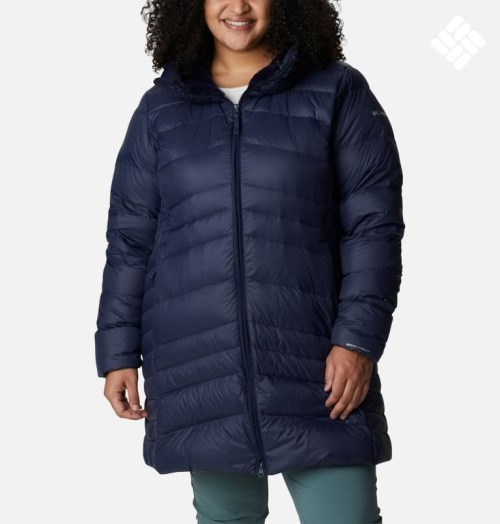 Women's Columbia Autumn Park Hooded Mid Down Jackets Navy | Plus Size CA-PAL06